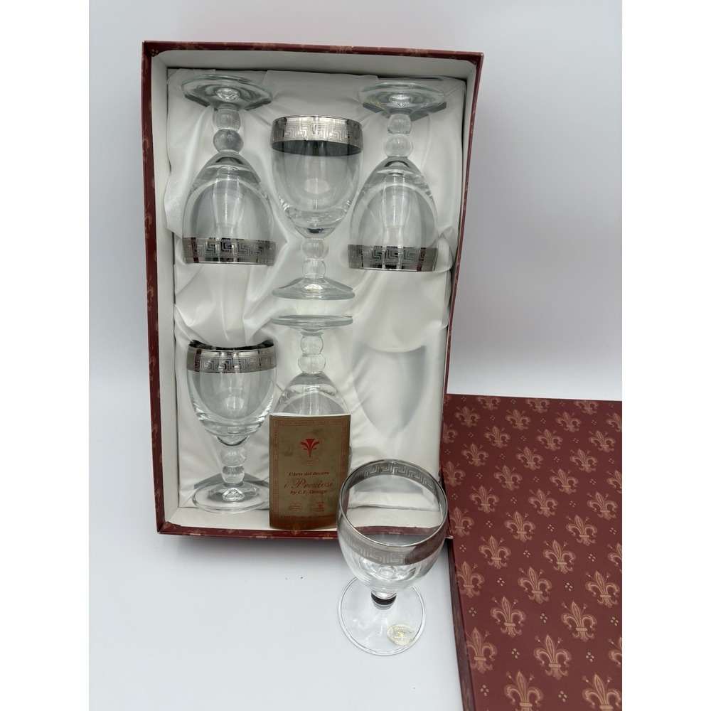 Italian Crystal Wine Glasses Vintage C.F. Silver Rim NIB "i Preziosi"